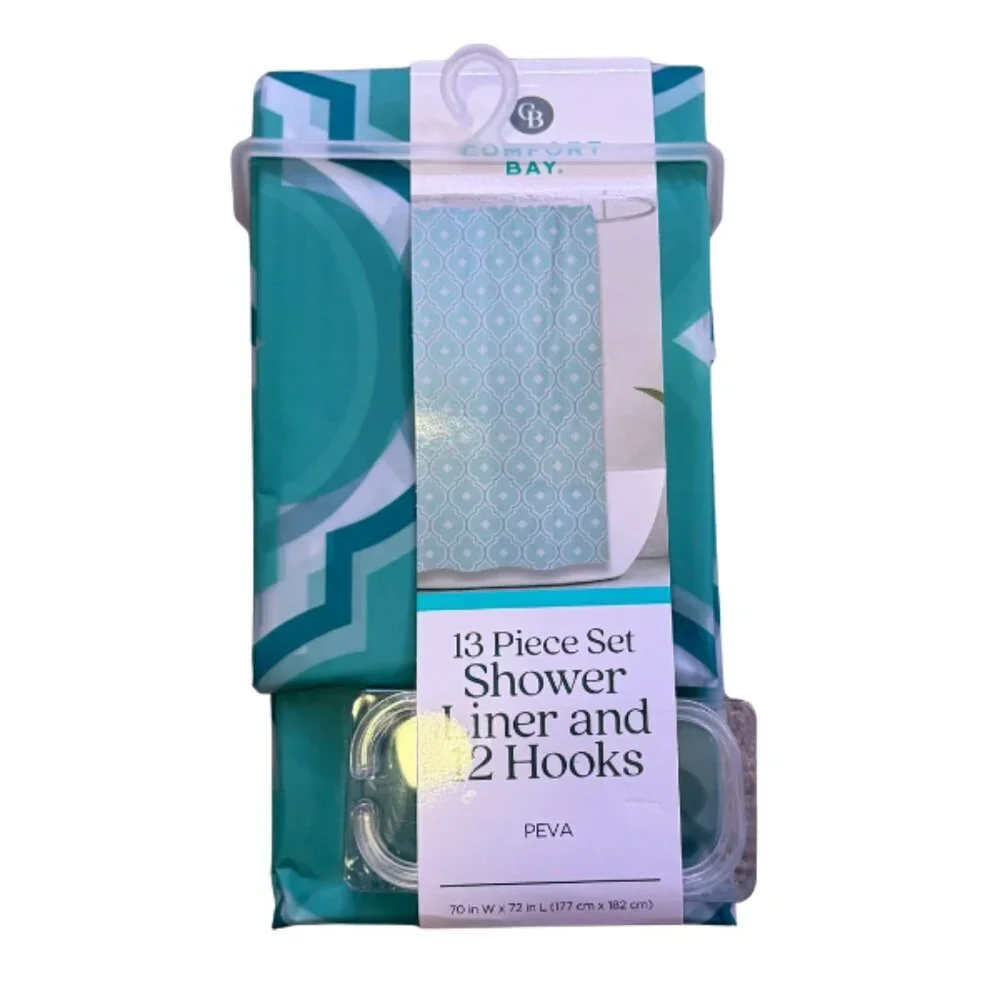 Comfort Bay 13-Piece Shower Liner Set – Teal Geometric Pattern w 12 Hooks, PEVA